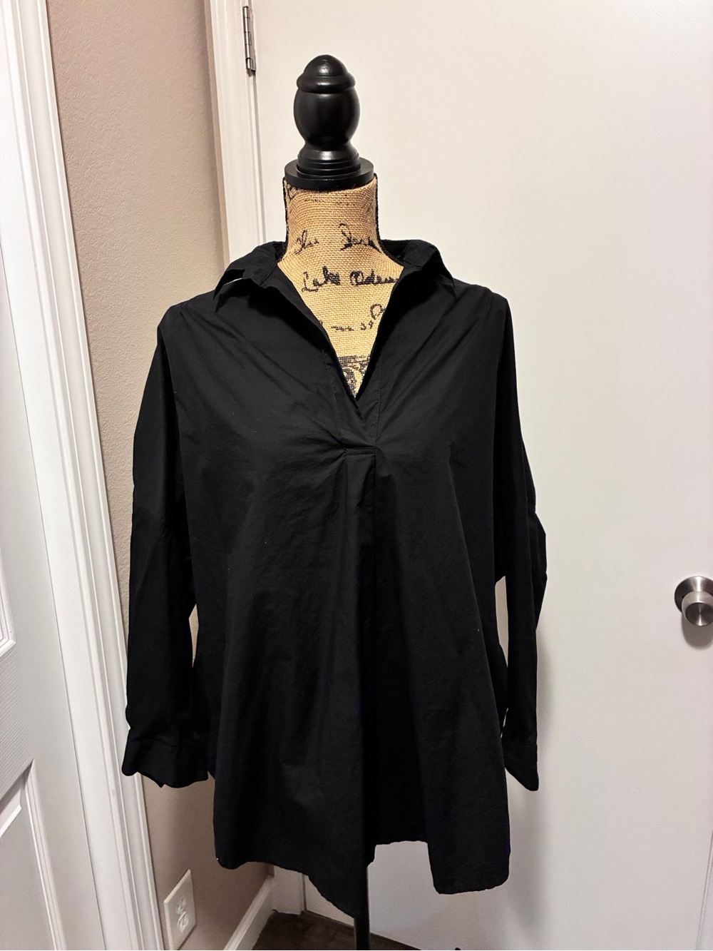 French Connection Black Button-Down V-Neck Tunic Shirt